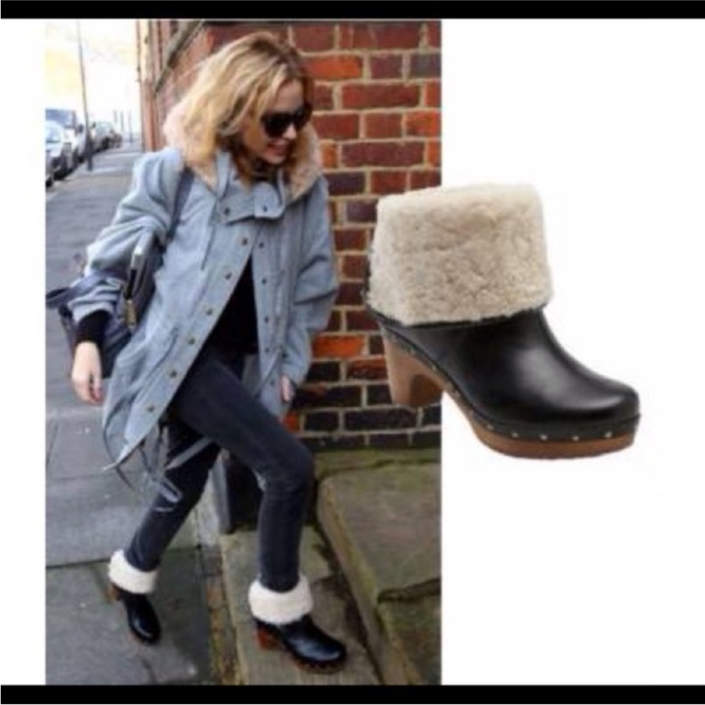 UGG Lynnea boots wooden clog heel Black Leather Sherpa gossip girl size 10 women - Picture 10 of 10